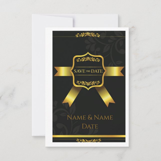 Opulent Black Damask Wedding Save the Date (Front)