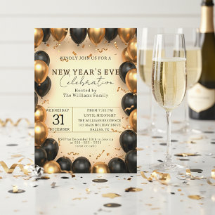 Opulent Black Gold Balloon Confetti New Year's Eve Invitation