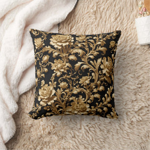 Opulent Black & Gold Baroque Floral Pillow