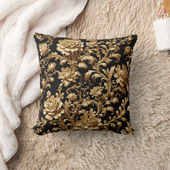 Opulent Black & Gold Baroque Floral Pillow (Blanket)