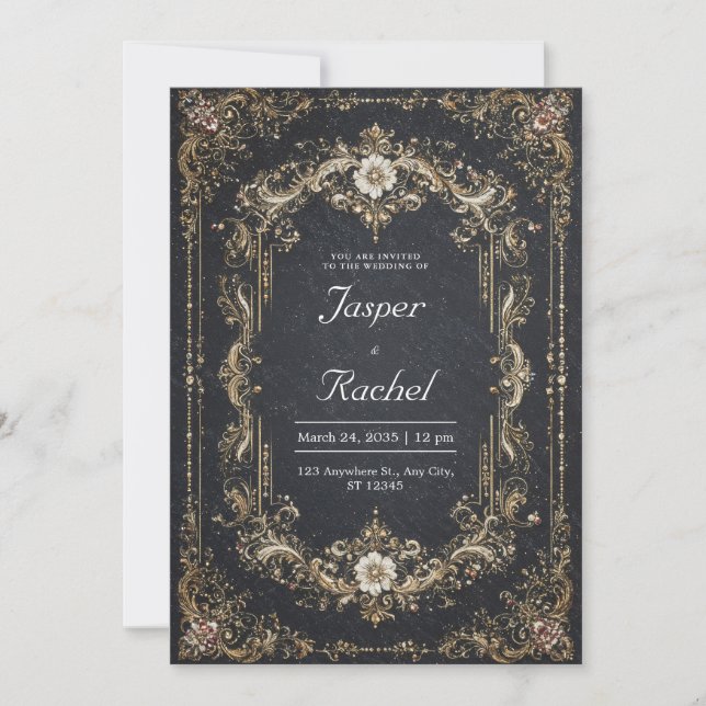 Opulent Black Gold Baroque White Floral Wedding Invitation (Front)