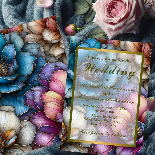 Opulent Blooms with Gold Outlines Wedding Invitation (Creator Uploaded)