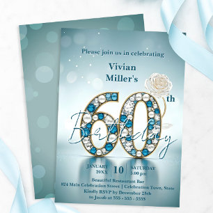 Opulent Blue and Pearl Jewels 60th Birthday Party Invitation