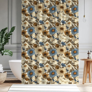 Opulent Blue Floral Terracotta Accent Bath Curtain
