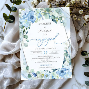 Opulent blue flowers silver sage boho Engagement Invitation