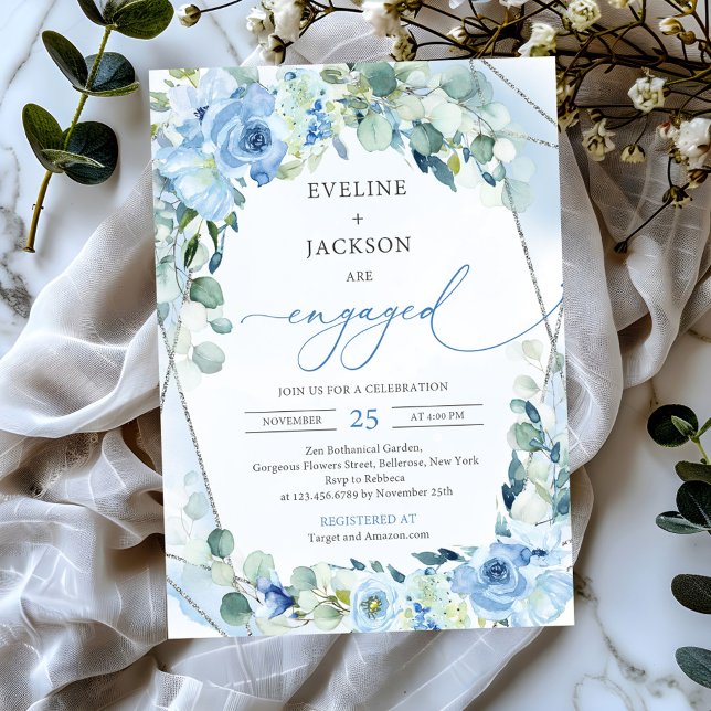 Opulent blue flowers silver sage boho Engagement Invitation (chic watercolor boho blue flowers eucalyptus silver frame engagement invitation)