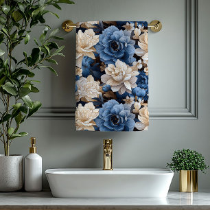 Opulent blue ivory floral elegant bathroom decor  bath towel set