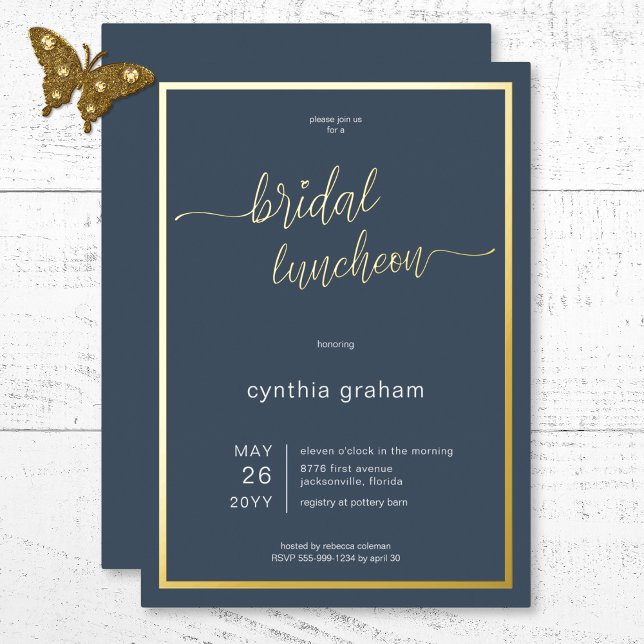 Opulent Blue Modern Minimal Bridal Luncheon (Opulent Blue Modern Minimal Bridal Luncheon Foil Invitation)