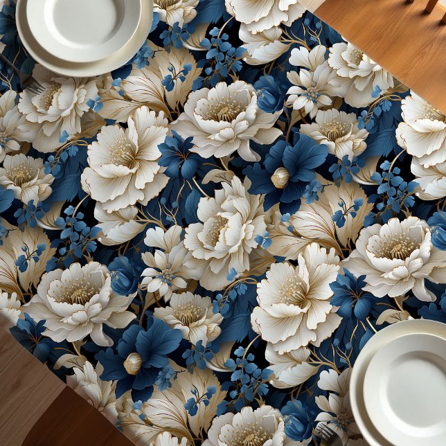 Opulent Blue White Ivory Floral Dining Tablecloth (Opulent Blue White Ivory Floral Dining Tablecloth)