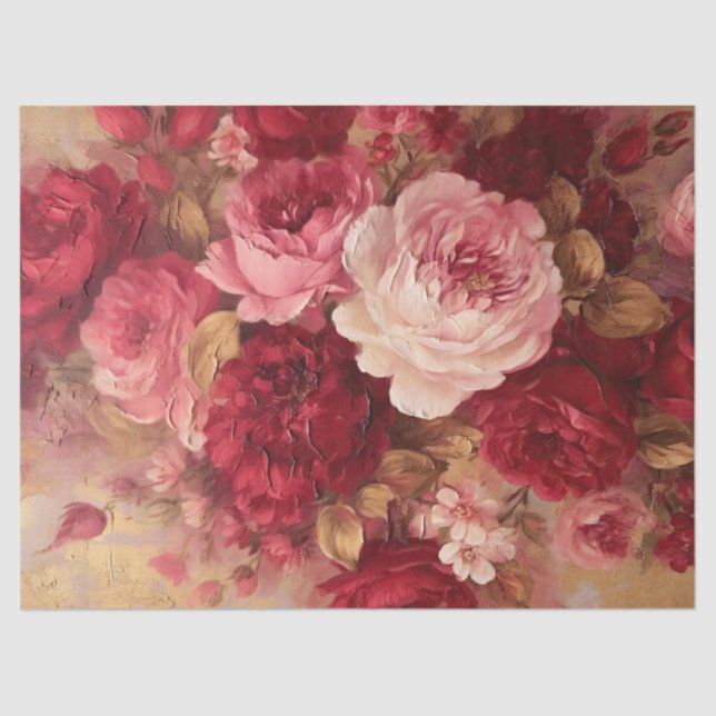 Opulent blush and burgundy English roses gold Tissue Paper (Front)