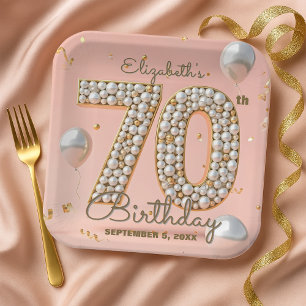 Opulent Blush Pink Gold Pearl Mosaic 70th Birthday Paper Plate