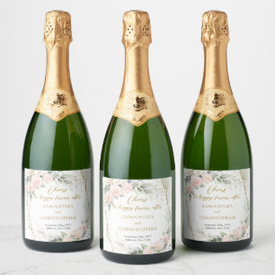 Opulent blush roses eucalyptus and gold wedding sparkling wine label