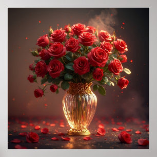 Opulent Bouquet Red Roses in Elegant Crystal Vase Poster