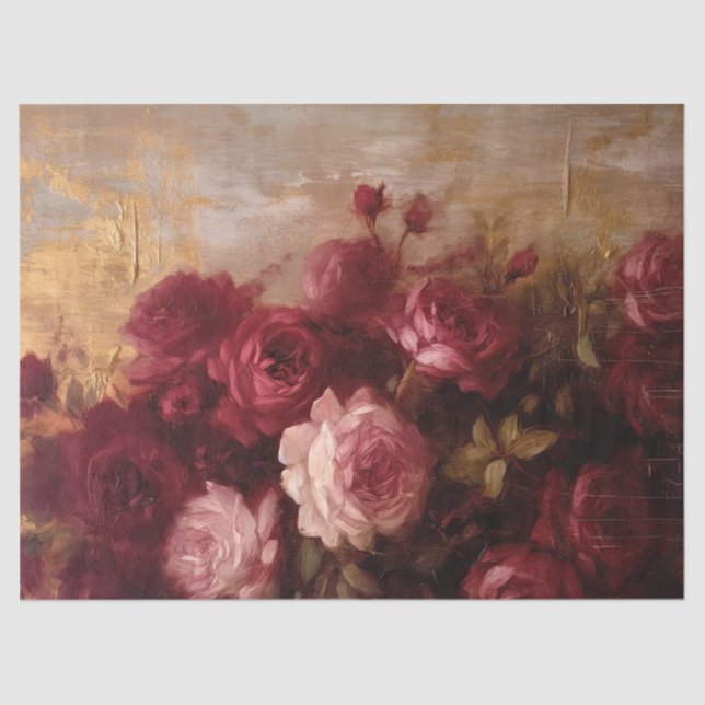 Opulent burgundy and blush English roses gold Tissue Paper (Front)