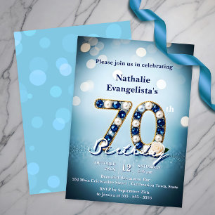 Opulent Chic Blue Jewels and Pearls 70th Birthday Invitation
