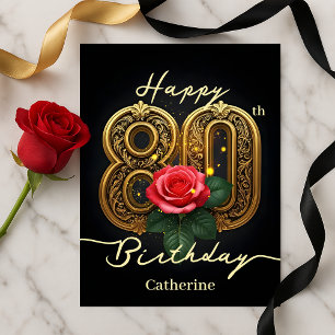 Opulent Chic Red Rose Gold Filigree 80th Birthday Postcard