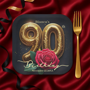 Opulent Chic Red Rose Ornate Golden 90th Birthday Paper Plate