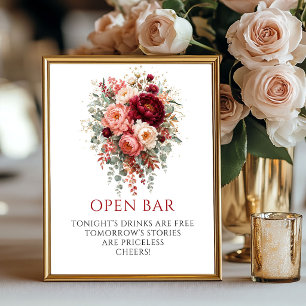 Opulent Deep Red Boho Floral Open Bar 8x10 Sign