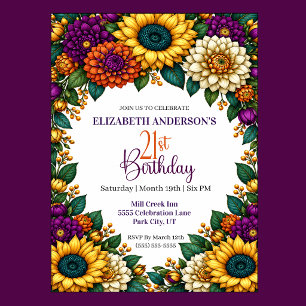 Opulent Fall Flower 21st Birthday Invitation