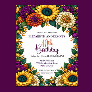 Opulent Fall Flower 40th Birthday Invitation
