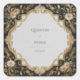 Opulent Gold Baroque Blush Floral Black Wedding Square Sticker
