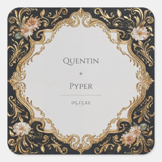 Opulent Gold Baroque Blush Floral Black Wedding Square Sticker (Front)