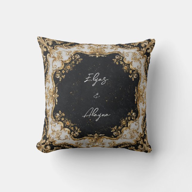 Opulent Gold Baroque Frame Black Stone Royal Cushion (Front)