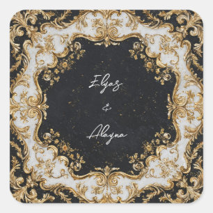 Opulent Gold Baroque Ornate White Black Wedding Square Sticker