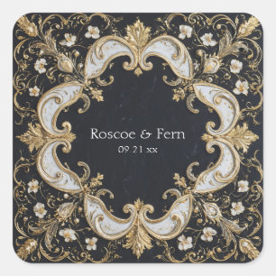 Opulent Gold Baroque White Floral Black Wedding Square Sticker