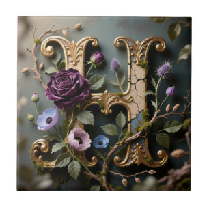 Opulent Gold Floral Letter H Monogram Ceramic Tile