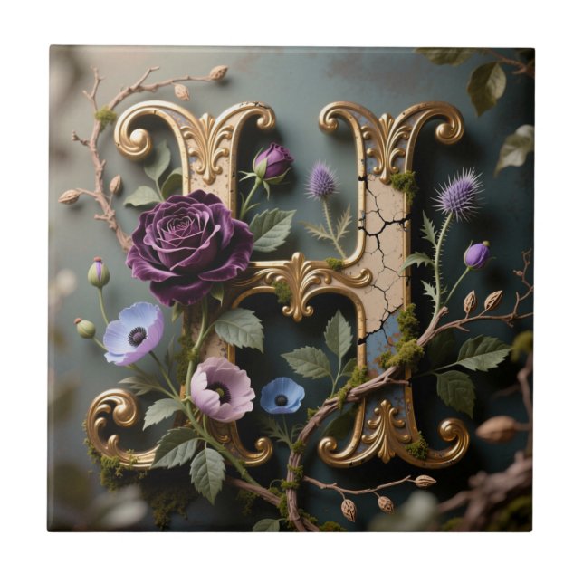 Opulent Gold Floral Letter H Monogram Ceramic Tile (Front)