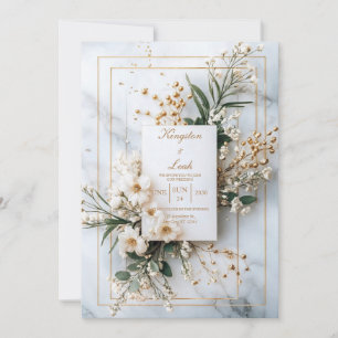 Opulent Gold Marble White Floral Winter Wedding Invitation