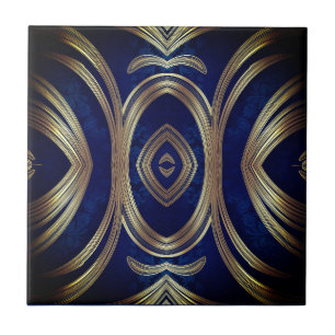 Opulent Gold Symmetry on Deep Blue Ceramic Tile