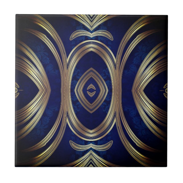 Opulent Gold Symmetry on Deep Blue Ceramic Tile (Front)