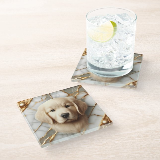 Opulent Golden Retriever Marble Essence Glass Coaster (Angled)