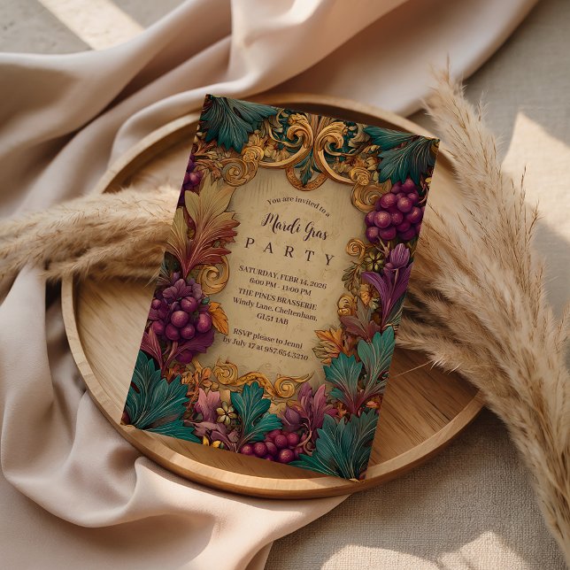 Opulent Grape Leaf Mardi Gras Masquerade Invitation (Creator Uploaded)
