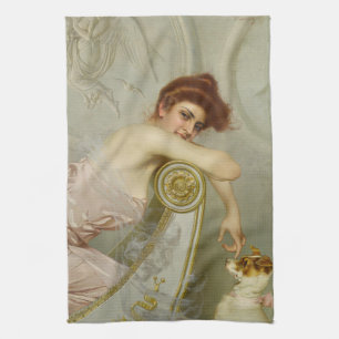 Opulent Lady Playfully Teasing Her Puppy Dog Tea Towel