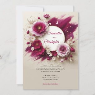 Opulent magenta flowers and gold frame wedding invitation