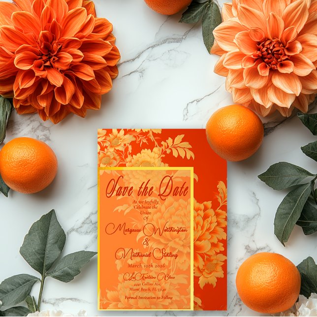 Opulent Mandarin Orange Floral  Save The Date (Stunning Mandarin Orange Save the Date Wedding Card )
