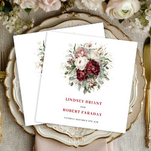Opulent Maroon Floral Eucalyptus Gold Wedding Napkin