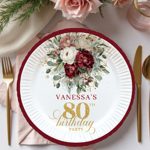 Opulent Maroon Floral Gold 80th Birthday Paper Plate