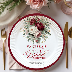Opulent Maroon Floral Gold Bridal Shower Paper  Plate