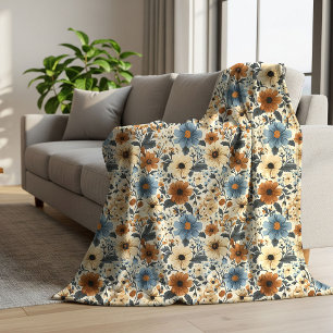 Opulent Navy Blue Ivory Floral Boho Home Decor Sherpa Blanket