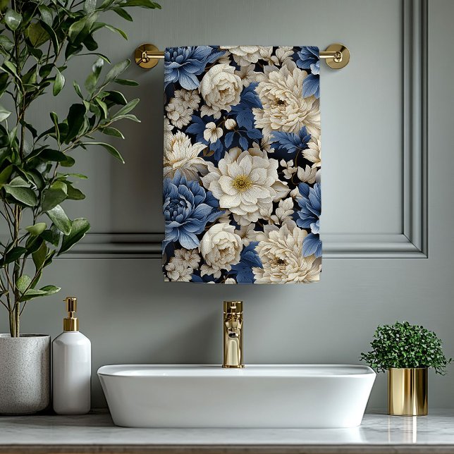 Opulent Navy Blue Ivory Gold Floral Towel (Opulent Navy Blue Ivory Gold Floral Towel)