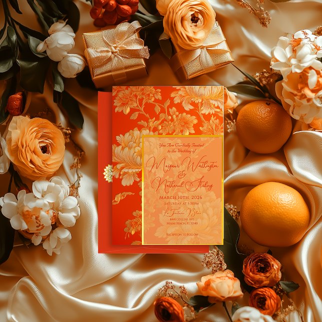 Opulent Orange and Gold Mandarin Floral Wedding  Invitation (Elegant Orange Mandarin Floral Wedding Invitation )
