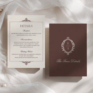 Opulent Oval Crest Old Money Brown Wedding Details Enclosure Card