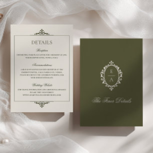 Opulent Oval Crest Old Money Green Wedding Details Enclosure Card