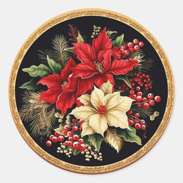 Opulent Red & Green Christmas Botanicals  Classic Round Sticker (Front)