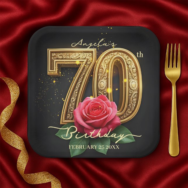 Opulent Rose Ornate Filigree Gold 70th Birthday Paper Plate (Creator Uploaded)