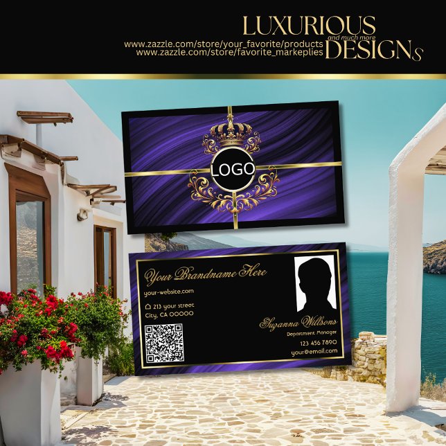 Opulent Royal Blue Gold Crown Logo Photo QR Code Business Card (Creator Uploaded)